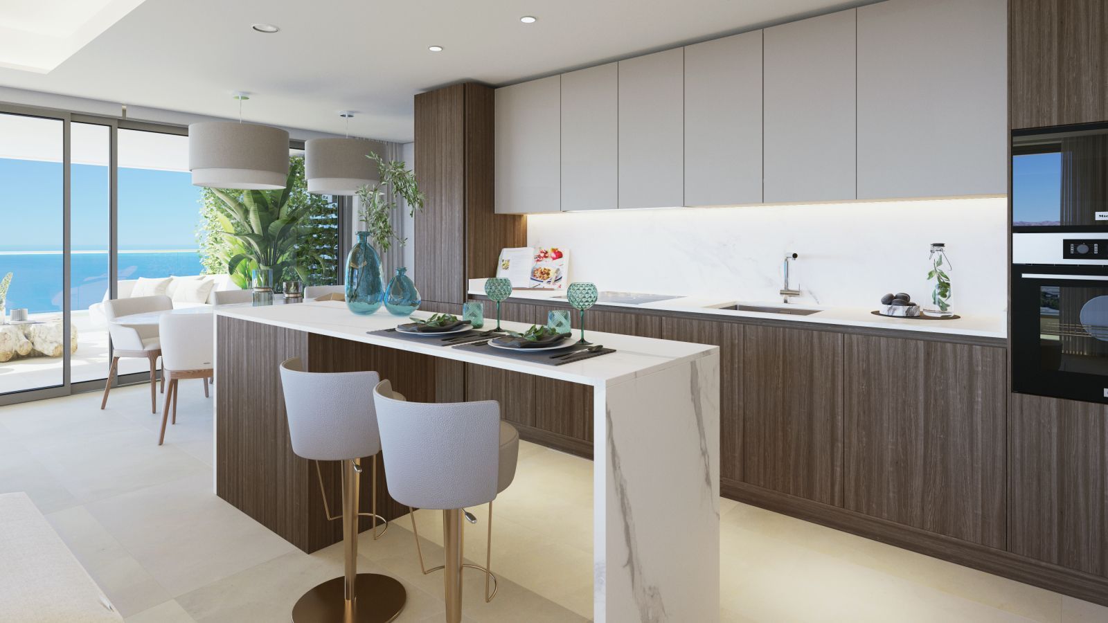 Modern Malaga kitchen with island, bar stools, and a stunning sea view.