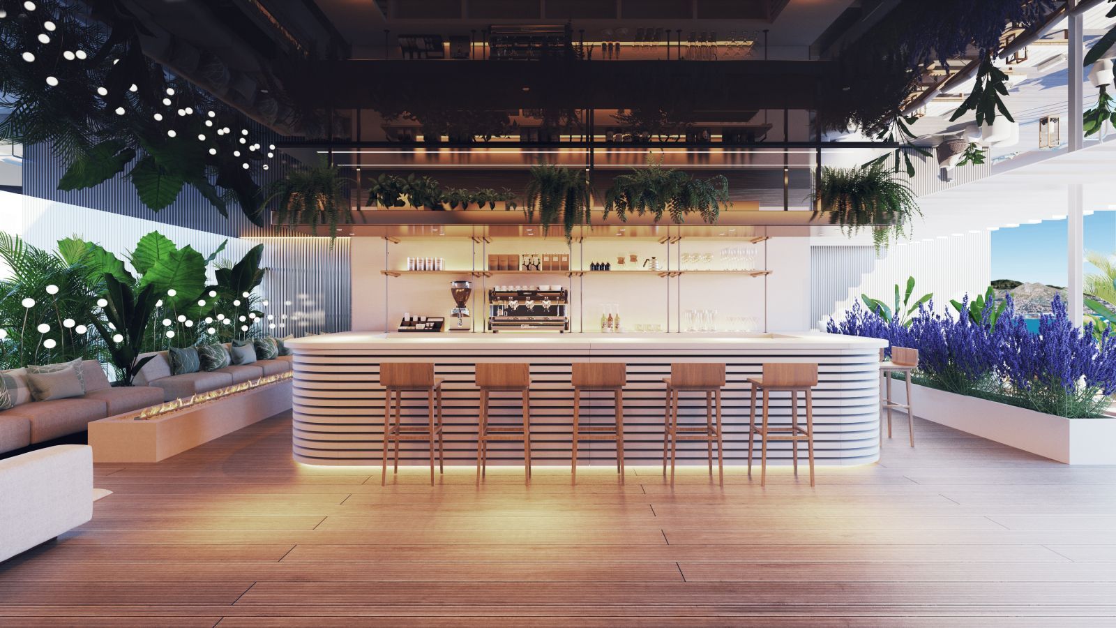 Modern bar lounge with comfortable seating, a bar, and tropical plants.